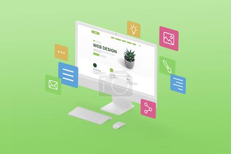 Photo for Designing a creative website concept. Display in isometric position with web page modules flying around the display on a green background - Royalty Free Image