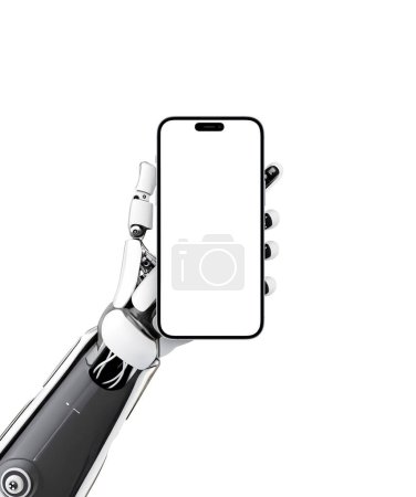 Téléchargez les photos : Le téléphone intelligent à main robotisé avec écran isolé pour la maquette, la présentation de l'application. Intelligence artificielle, cybernétique, concept de technologie - en image libre de droit