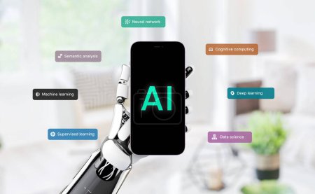 Téléchargez les photos : Concept d'intelligence artificielle de téléphone intelligent avec texte AI à l'écran dans la main du robot entouré de termes d'intelligence artificielle - en image libre de droit