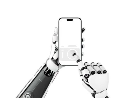 Téléchargez les photos : Robot tenant le téléphone intelligent et écran tactile isolé pour la maquette, la présentation de l'application. Vue à la première personne. Contexte isolé - en image libre de droit