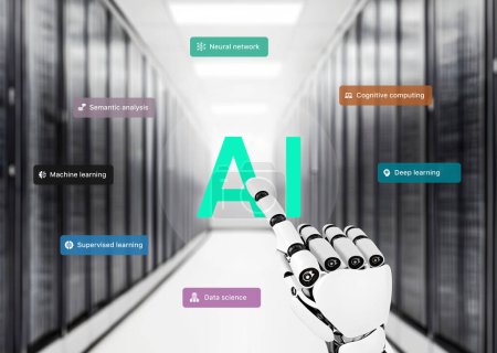 Téléchargez les photos : Robot à intelligence artificielle toucher la main dans l'ordinateur, salle de serveurs avec des termes IA voler autour. Concept de développement de l'intelligence artificielle et de l'apprentissage automatique avec les ressources matérielles - en image libre de droit