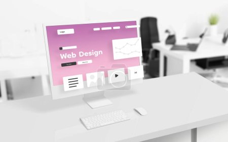 Web design studio page layout elements hover in front of a modern computer display. Studio office digital workspace in background