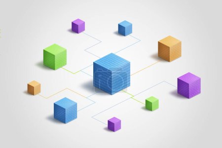 Cubos multicolores blockchain vinculados por líneas electrónicas y código binario, que simbolizan la conectividad digital y el avance tecnológico. Ideal para conceptos relacionados con la tecnología