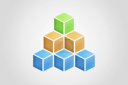 Pyramide aus Blockchain-Würfeln mit binärem Code, mit blauen, orangen und grünen Farbtönen. Symbolisch für digitalen Fortschritt und Konnektivität