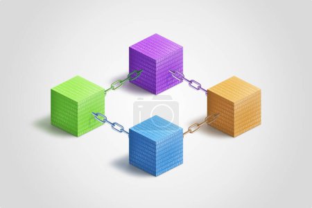 Coloridos cubos blockchain interconectados por cadenas, adornados con código binario. Simbólico de la conectividad digital y la seguridad. Ideal para conceptos tecnológicos y financieros