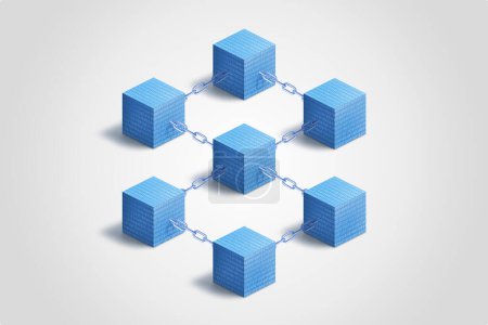 Concepto Blockchain con cubos conectados con cadena y código binario