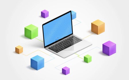 Laptop-Technologie integriert in Blockchain-Netzwerk mit bunten Würfeln, binärem Code und elektronischen Verbindungen. Illustriert digitale Konnektivität und Innovation
