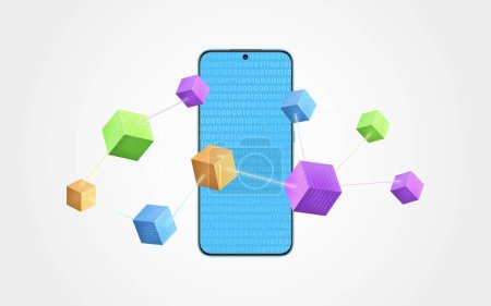 Phone surrounded by flying blockchain cubes with binary code, representing digital connectivity and innovation. Ideal for illustrating tech advancements and concepts