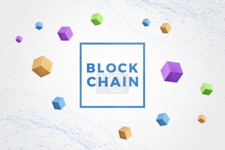 Blockchain-Text umgeben von Blöcken, Würfeln mit Binärcode und Netzwerkknoten. Digitale Vernetzung und Sicherheitskonzept