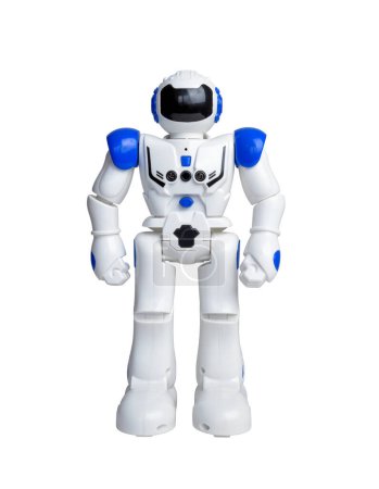 Isolated white robot with blue details and various sensors for movement and action