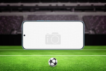 Mobile phone depicted as a soccer goal with a net on a field, symbolizing sports applications and technology in sports