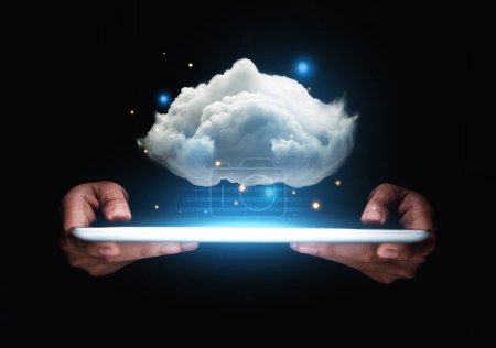 Photo for Hand of businessman showing cloud computing on tablet, Computer system resources and data storage, Cloud service technologies concept. - Royalty Free Image