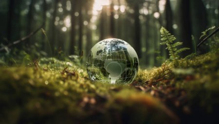 Foto de Crystal globe putting on moss, ecology and environment sustainable concept. - Imagen libre de derechos