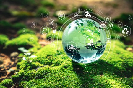 Téléchargez les photos : Globe de cristal mettre de la mousse avec icône de l'environnement, Save world, concept d'environnement durable. - en image libre de droit