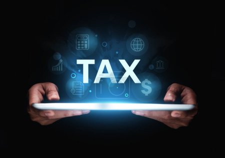 Hand of human holding tablet with about personal tax and icons.