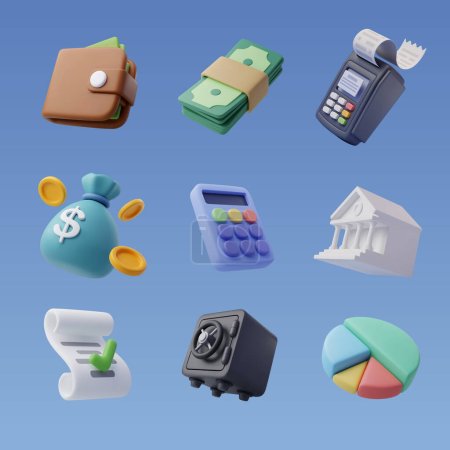 Set von 3D-Finanzsymbol, Geschäfts- und Finanzkonzept.