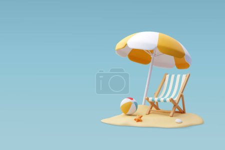 3d Vector Beach Chair, Paraguas amarillo y bola, Vacaciones de verano, Tiempo para viajar concepto.
