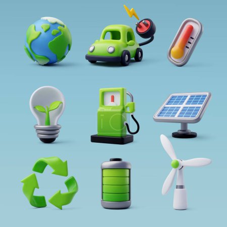 Ilustración de Conjunto de iconos de energía verde de vectores 3d, energía verde, energía limpia, concepto de energía alternativa ambiental. - Imagen libre de derechos