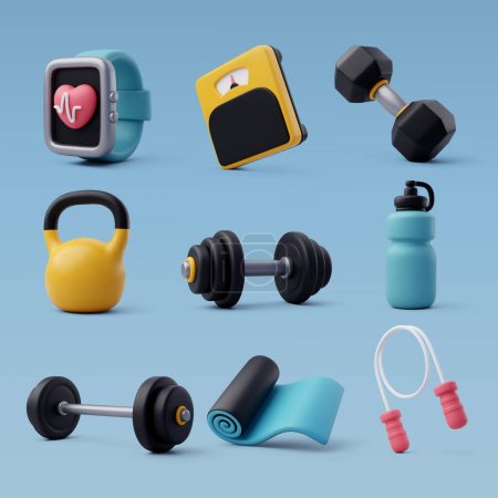 Set von 3D-Vektor von Workout-Studio-Tools, Sportgeräten, Gym-Zeitkonzept.