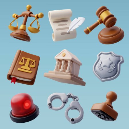 3d collection of Law and judgment icon, Lawyer, police and punishment of court concept.