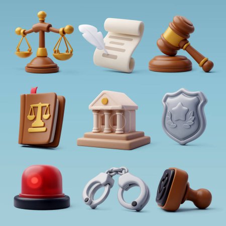 Illustration for 3d collection of Law and judgment icon, Lawyer, police and punishment of court concept. - Royalty Free Image