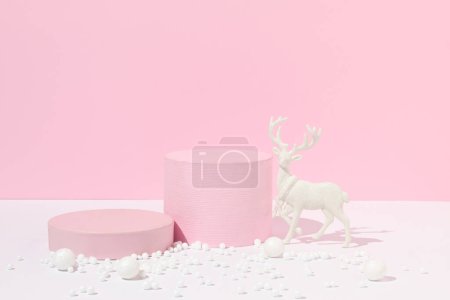 Foto de Product podium and Christmas baubles on pink background. Suitable for Product Display and Business Concept. - Imagen libre de derechos