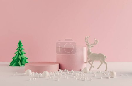 Foto de Origami Christmas tree with product podium and white Christmas baubles on pink background. Suitable for Product Display and Business Concept. - Imagen libre de derechos