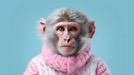 Abstraktes, kreatives, illustriertes, minimales Porträt eines wilden Tieres, das als Mann in rosa Pullover verkleidet ist. Affe auf pastellblauem Hintergrund, bunte Farben.