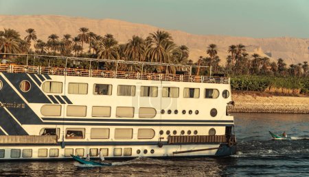 Photo for Nile river landscape with tourists tour boats, Travel Egypt Nile cruise - Royalty Free Image