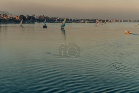 Feluccas voiliers sur le Nil au coucher du soleil