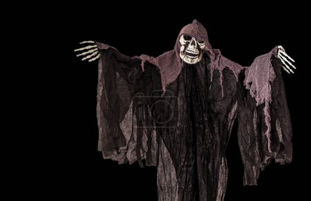 Photo for A Halloween skeleton dressed in black costume with red clo - Royalty Free Image
