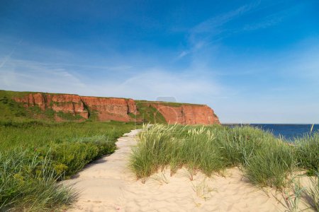 Red cliffs and rock formation on the north beach of the island of Heligoland. North sea. Germany.