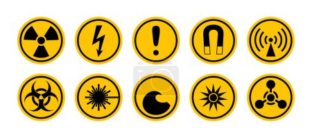 Illustration for Round daranger signs and symbols set. Informing about risks and cautions. Circle pictogram, icons for radiation, biological and chemical hazards. Symbol, sign of high voltage, radio emission, etc. - Royalty Free Image
