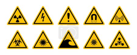 Illustration for Triangular daranger signs, symbols set. Informing about risks and cautions. Triangle pictogram, icons for radiation, biological and chemical hazards. Symbol, sign of high voltage, radio emission, etc. - Royalty Free Image