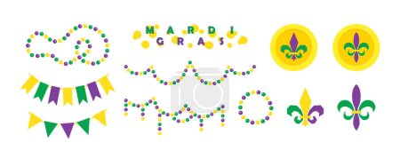 Illustration for Mardi Gras carnival illustration set, decorative elements for festival or masquerade. Beads and throws, festive pennants and fleur de lis. Shrove Tuesday, Fat Tuesday, celebration and march parade. - Royalty Free Image