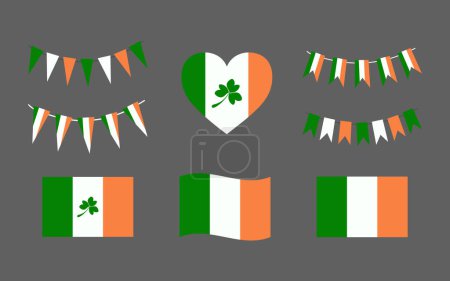 Illustration for Irish symbols and decorative elements of St. Patrick Day. National flag of Ireland, traditional leaf of Clover and Shamrock. Irish heart shape and festive pennants, party bunting flags. Patrick's Day. - Royalty Free Image