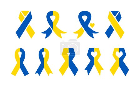Ilustración de Conjunto de iconos de cinta azul amarilla. Día Mundial del Síndrome de Down. Elementos vectoriales aislados sobre fondo blanco. Cintas de conciencia para el Síndrome de Down. Cintas de colores ucranianos. Ayuda Ucrania. - Imagen libre de derechos