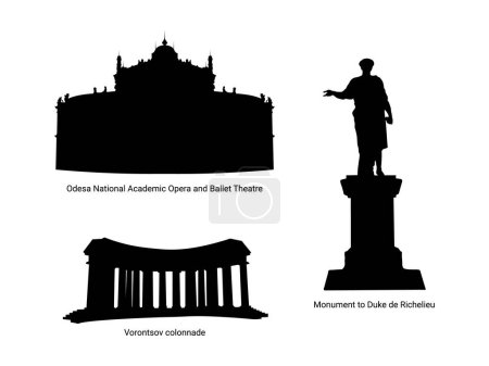 Illustration for Odessa city main sights in black silhouetts. Vorontsov colonnade, Monument to Duke de Richelieu, Odesa National Academic Opera and Ballet Theatre. Architectural monuments and sights of Odesa - Royalty Free Image
