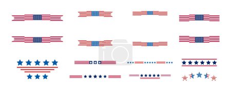 Día de la Independencia Estados Unidos enmarca y divide. EE.UU. ilustración de la bandera, decoraciones - líneas fronterizas. Memorial Day, iconos patrióticos tradicionales de los Estados Unidos para la fiesta nacional estadounidense. Día de los Veteranos USA set.