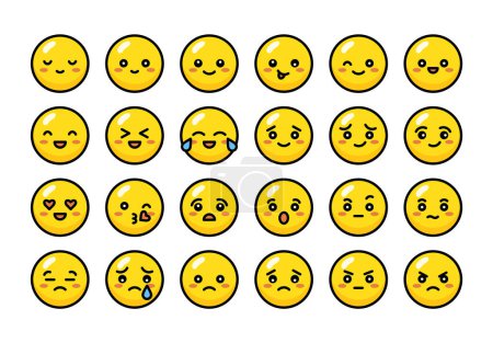 Lindas caras amarillas emocionales. Conjunto de iconos planos de colores con diferentes emociones y carácter. Triste y feliz, divertido y enojado, enamorado, riendo y llorando. Caras redondas. Emoticones amarillos