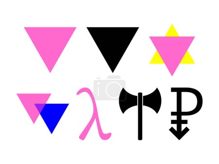 Illustration for Triangle badges LGBT, biangles for bisexuality, lambda for gay liberation. LGBT signs symbols set. Labrys for lesbian feminism, Pansexual symbol. - Royalty Free Image