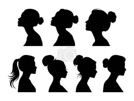 Illustration for Set vector simple black silhouette of woman, side view, face and neck only. Female silhouette. Women's equality day. International Women's Day. Set of womens silhouettes isolated on white background - Royalty Free Image