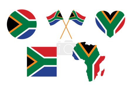 Conjunto de letreros de bandera de Sudáfrica, banderas cruzadas, elemento decorativo en forma de corazón. Día de la Independencia de Sudáfrica. Símbolos nacionales del Día del Patrimonio en Sudáfrica. Mapa africano.