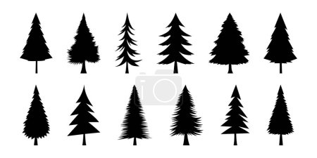 Black silhouettes of Christmas trees. New Year's decorative elements of nature and forest. Pine, fir, spruce black illustration. Set hand drawn simple silhouette of Christmas tree for winter holidays.