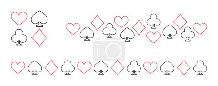 Card suits outline black red decorative elements. Pattern line, playing cards, casino. Risk, gambling - card suits border line. Signs and symbols - hearts, diamonds, clubs and spades.