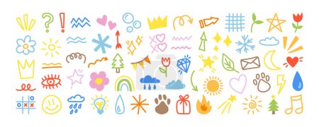Cute doodles set. Kids decorative elements - abstract shapes, heart and flower. Collection of hand drawn baby doodle illustrations isolated on white background - sun, cloud, star, crown and so on.