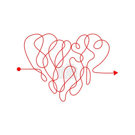 Red heart messy line. Chaotic heart line. Love triangle, tangle of thoughts. Concept Plan B, Point B. Vector illustration isolated on white background. Tangled love story, chaotic arrow line
