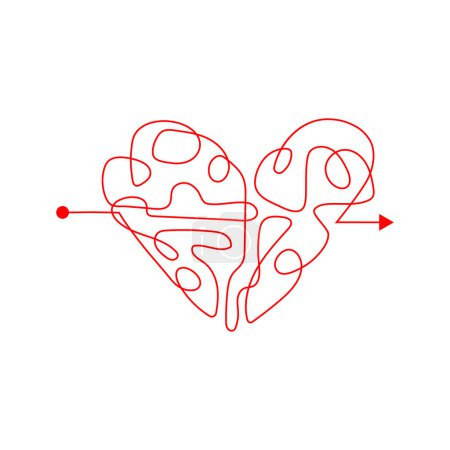 Chaotic heart line. Red heart messy line. Love triangle, tangle of thoughts. Concept Plan B, Point B. Vector illustration isolated on white background. Tangled love story, chaotic arrow line