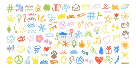 Cute doodles set. Kids decorative elements - abstract shapes. Collection of hand drawn baby doodle illustrations isolated on white background - sun, cloud, star. Crown, heart, flower doodle and so on.