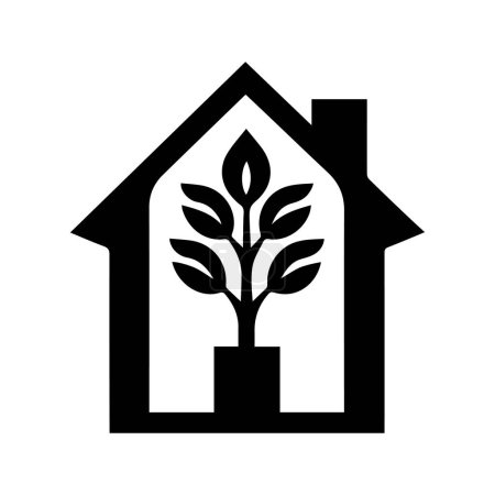 Ökohaus-Logo. Minimalistische schwarze Haus-Ikone, perfekt für die Darstellung ökologischer Wohn- oder Immobilienkonzepte. Vector-Haus-Silhouette mit Baum im Inneren, isoliert auf weißem Hintergrund.